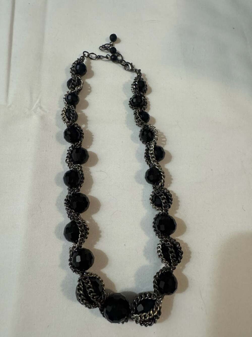 Black Faceted Bead and Gunmetal Chain Link Statement Necklace